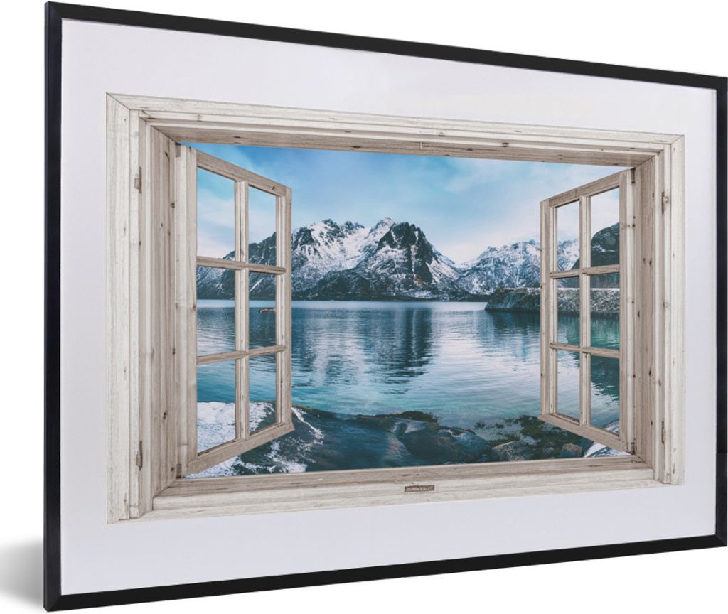 MuchoWow Gerahmtes Poster Aussicht - Berg - Wasser 60x40 cm - Poster mit Schwarzem Bilderrahmen Wandposter Rahmen Foto Bilder - Schlafzimmer - Pl...