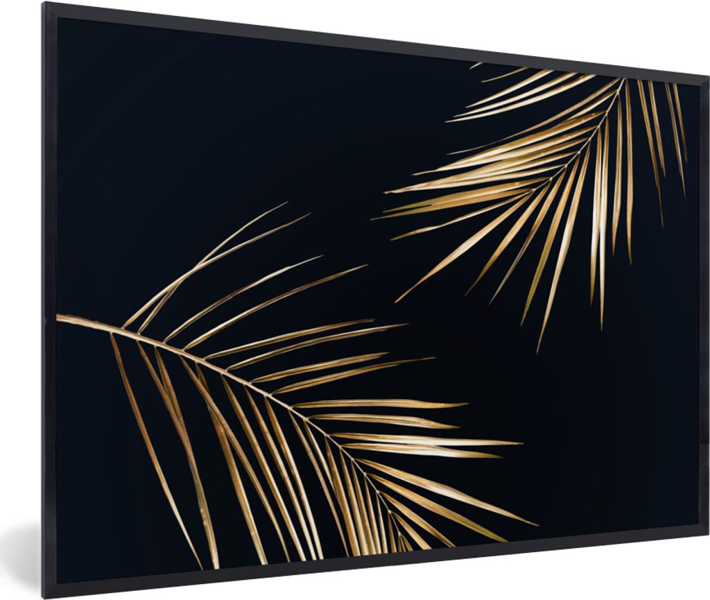 MuchoWow Gerahmtes Poster Blätter - Pflanzen - Gold - Schwarz - Luxus 90x60 cm - Poster mit Schwarzem Bilderrahmen Wandposter Rahmen Foto Bilder