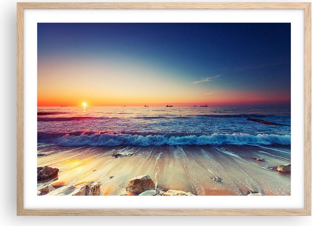 Gerahmtes Poster - Rahmen in heller Eiche - Meer Strand Welle - 70x50 cm - Wand Bild - Wanddeko - Wandbilder - Wandposter - Bilderrahmen - Bilder -...