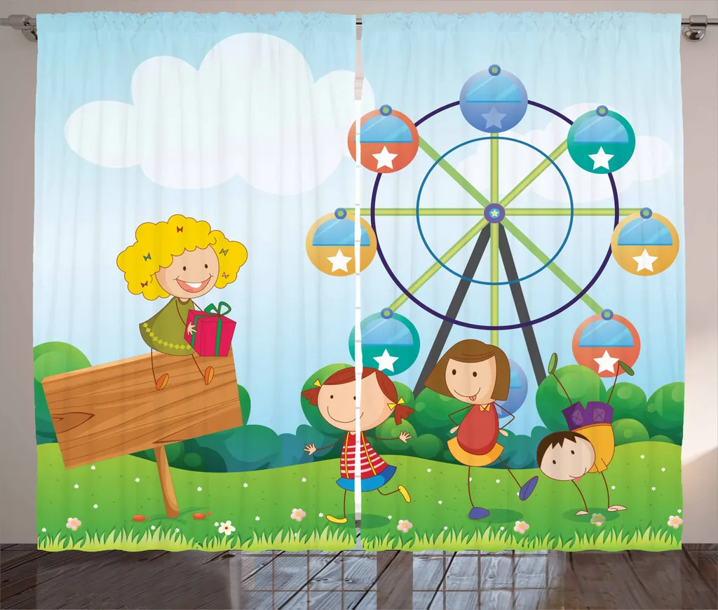 ABAKUHAUS Ruota panoramica Tenda rustica, Doodle Bambini che giocano, Camera da letto Tenda con nastro arricciato, passanti e ganci, 280 x 245 cm, Multicolore