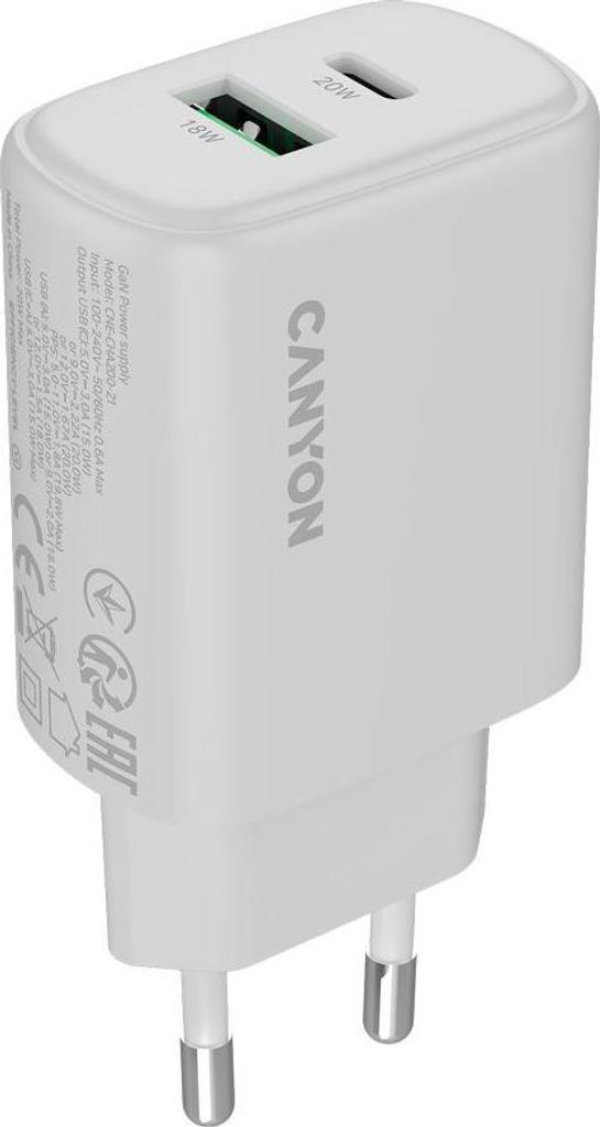 Canyon OnCharge 200, Universal-Wandladegerät, 1x USB-C + 1x USB-A, PD 20W, weiß