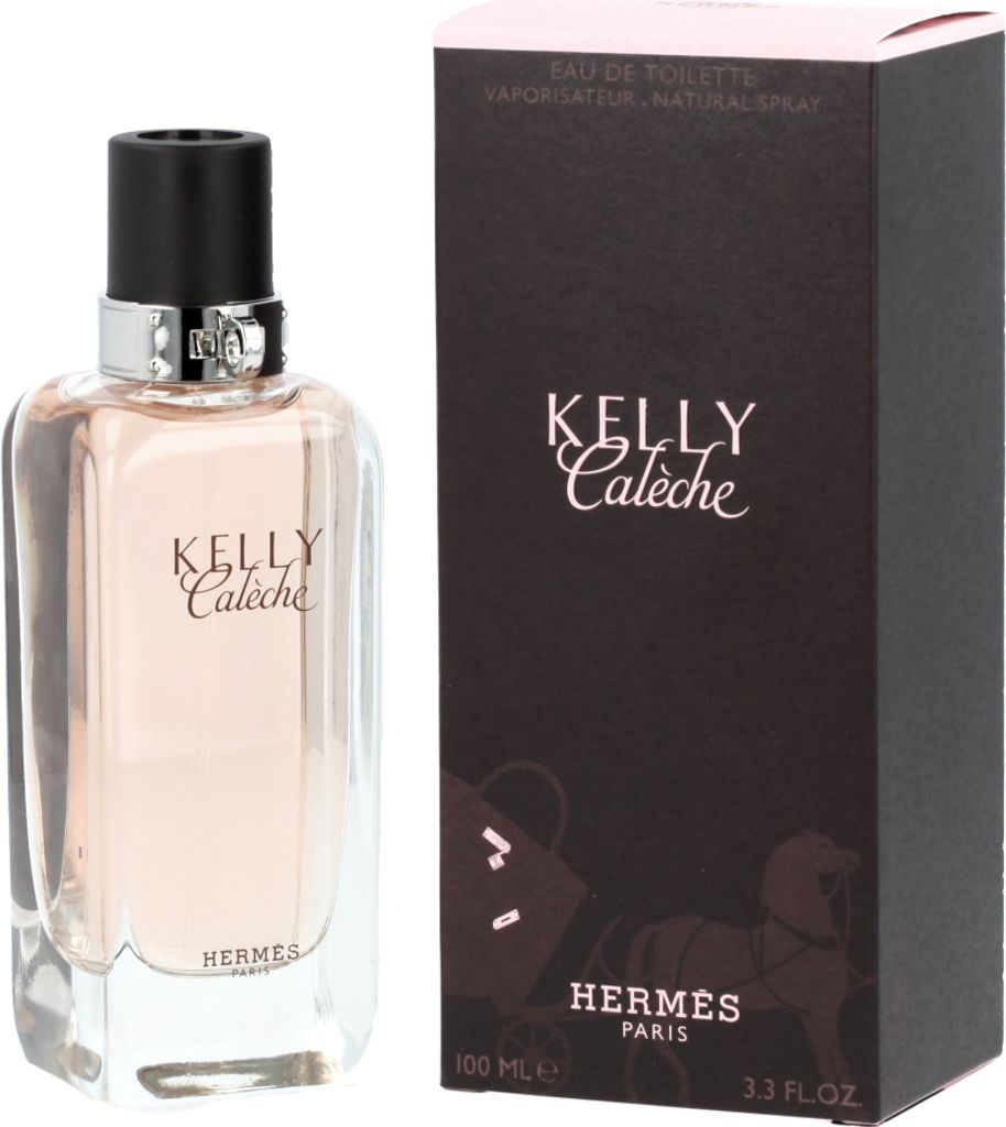 A bottle of Hermes Kelly Caleche eau de toilette and its packaging are displayed side-by-side against a white background.