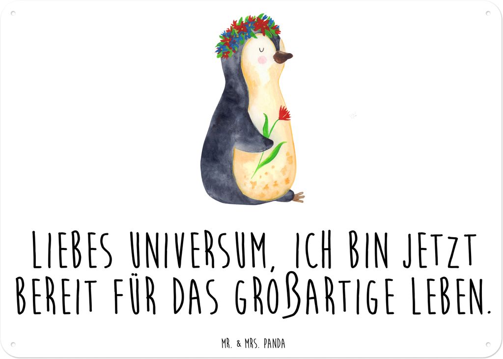 Mr. & Mrs. Panda Blechschild Pinguin Blumen DIN A6 - Weiß - Geschenk, Metallbild, Ziele, Wandbild, Lebenslust, tafel, Positiv, Schild, Motivation,...