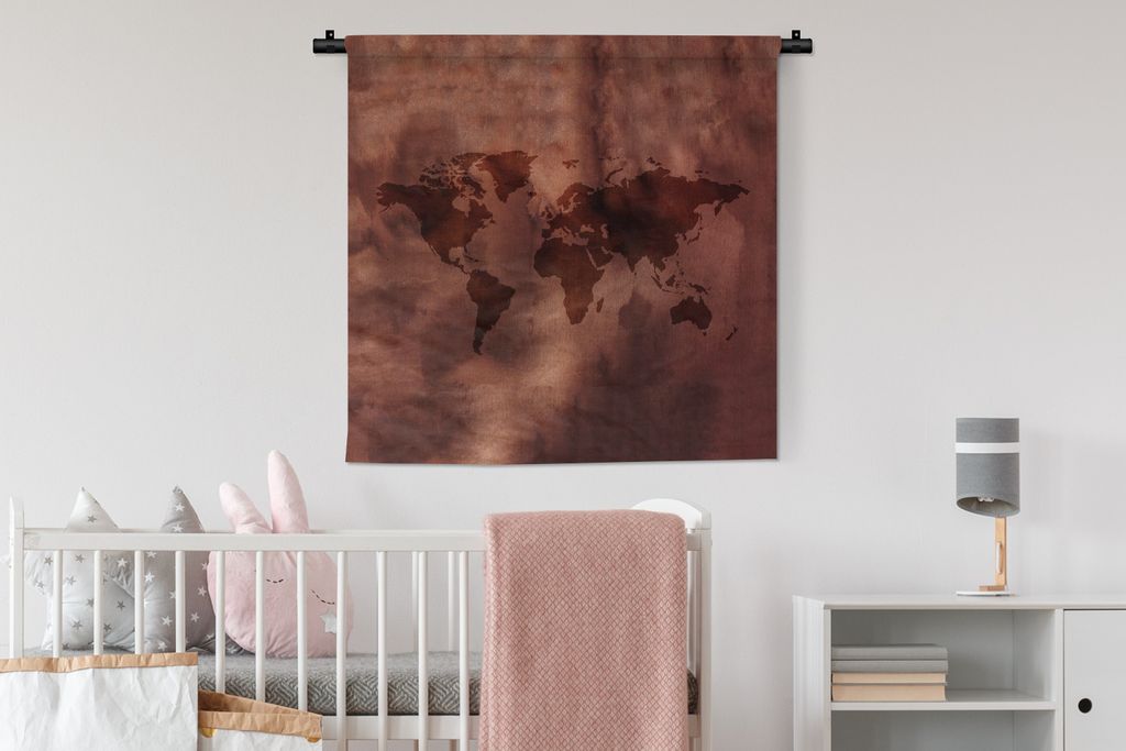 MuchoWow Wandteppich Wandbehang Weltkarte - Braun - Rot 90x90 cm Tapisserie Dekoration Wandtuch - Wandaufhänger