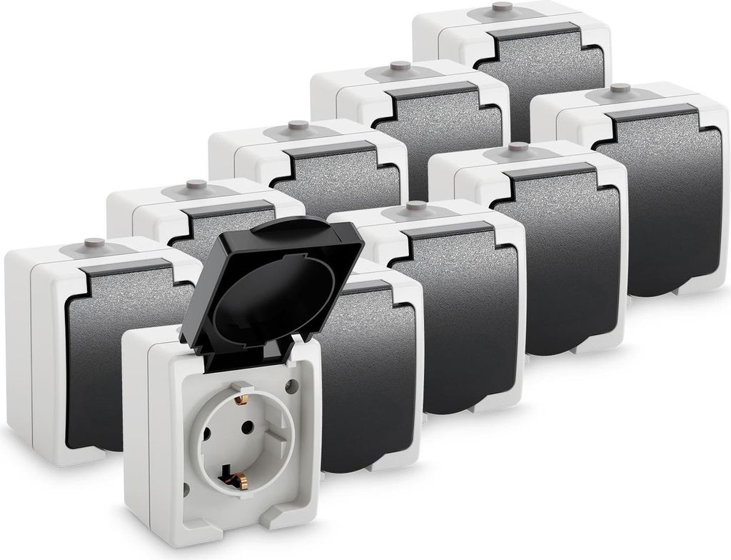 ABSINA Aufputz Schutzkontakt Steckdose für Feuchtraum - 10x 1fach Aufputz Schutzkontaktsteckdose IP44, 250V, 16A, 2 polig