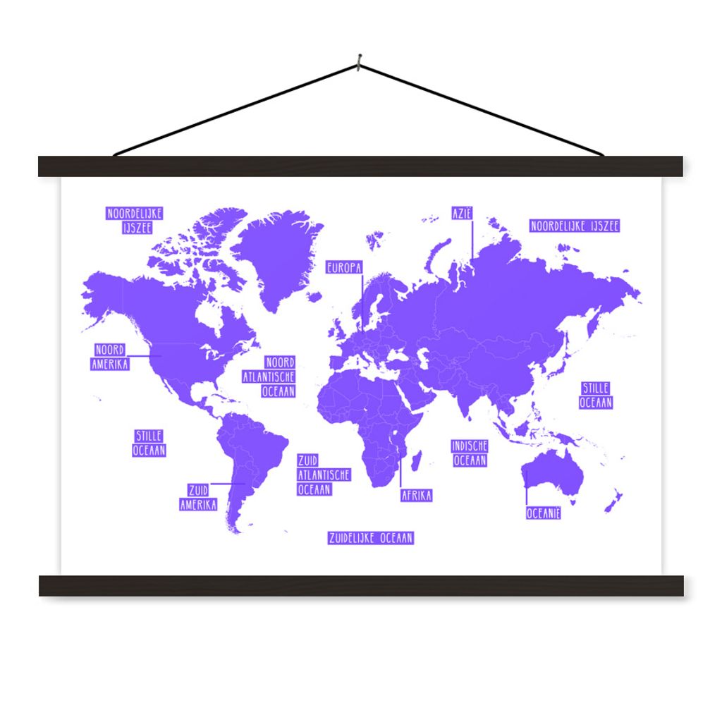 MuchoWow Textilposter Weltkarte - Lila - Einfach 150x100 cm mit schwarzem Rahmen - Schlafzimmer