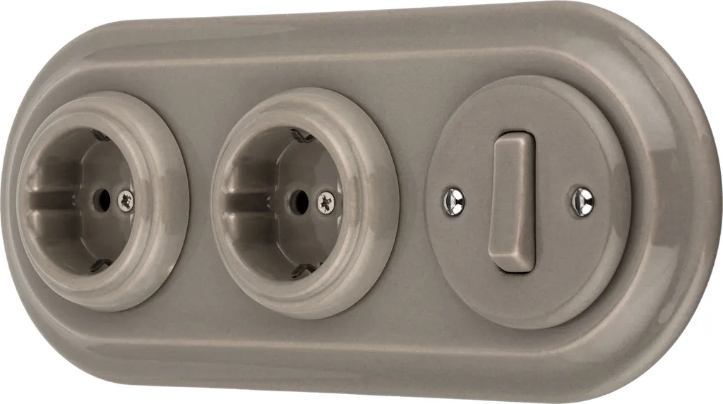 Prise rétro encastrée porcelaine triple SET série PR1 gris-beige 16A