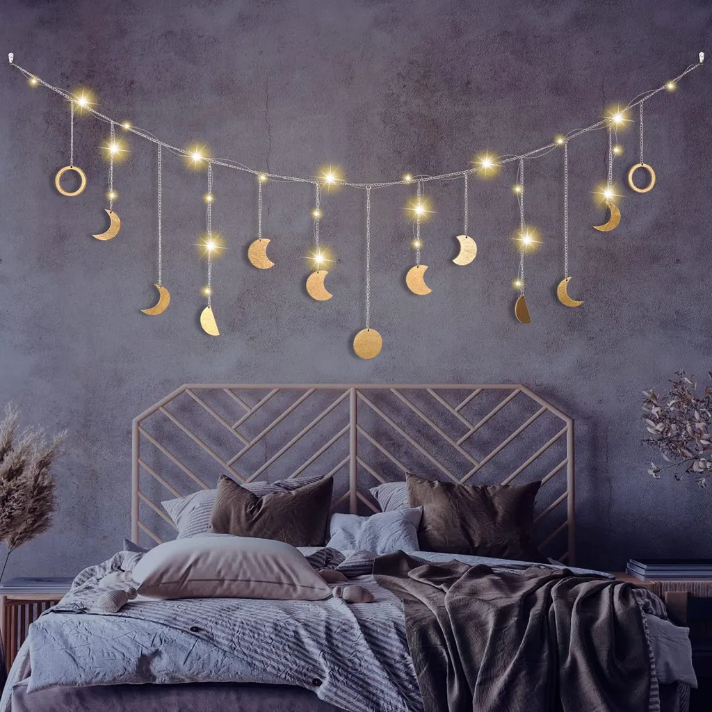 Décoration Murale Phases de la Lune Dorée - Guirlande LED Style Boho