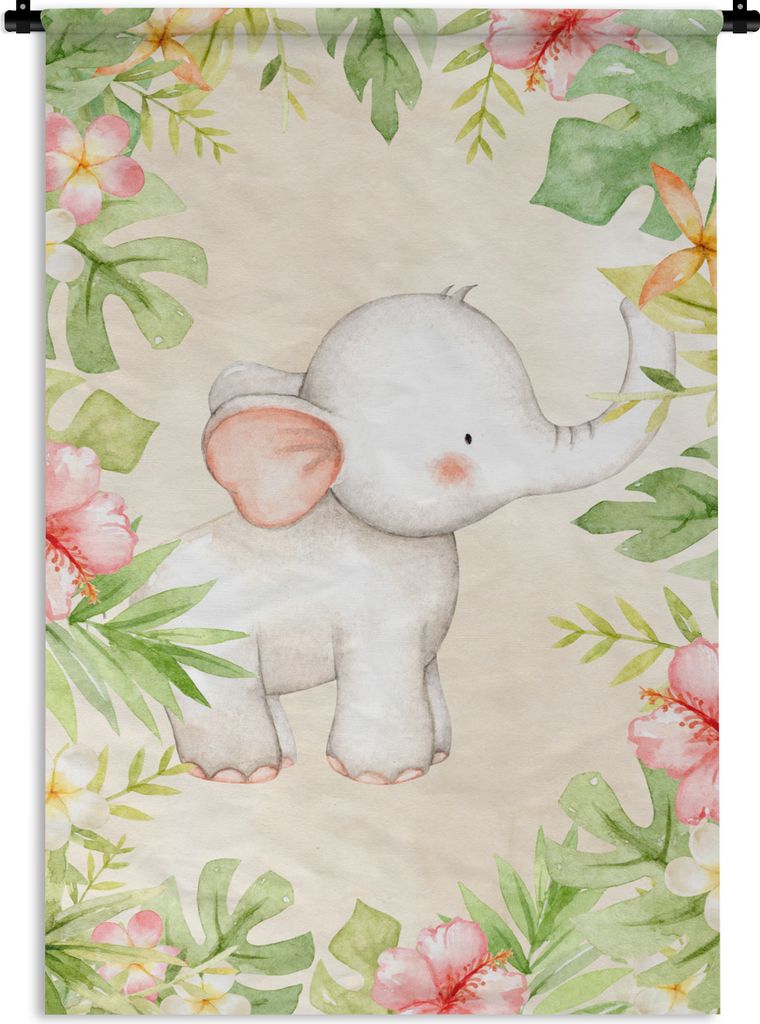 MuchoWow Wandteppich Wandbehang Elefant - Dschungel - Aquarell 60x90 cm Tapisserie Dekoration Wandtuch - Foto-Teppich - Abwaschbar