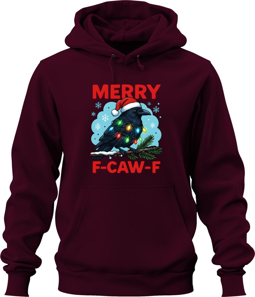 MERRY F-CAW-F Rabe Krähe Lichterkette Weihnachten Spruch lustig Uni Hoodie Kapuzenpullover, Burgundy, 3XL