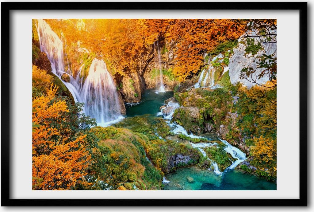 Bild 60x40 MDF-Rahmen, Wandkunst Wasserfall im Herbst