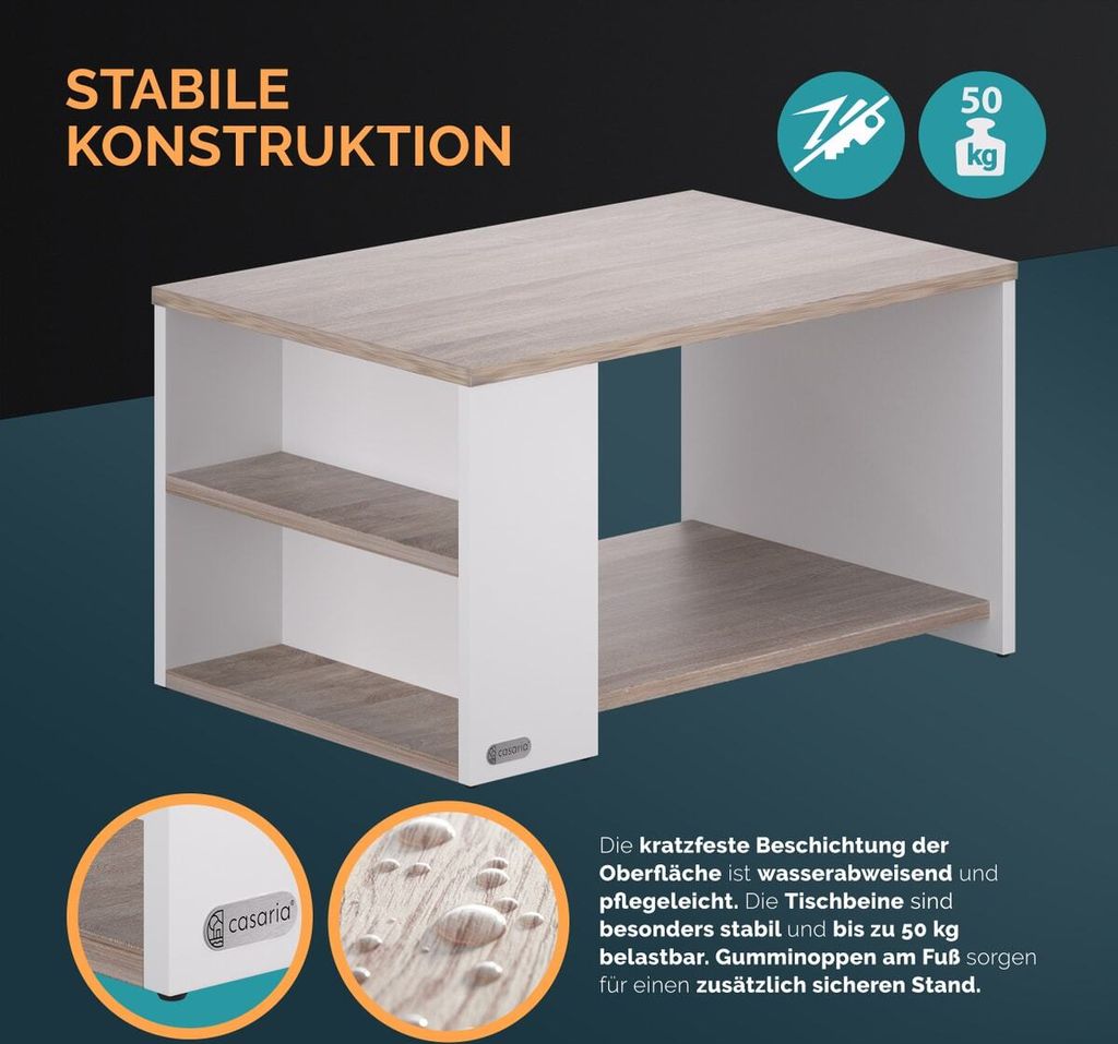 CASARIA® Couchtisch Weiß Eiche Holz mit Stauraum 2 Fächer Produktbild 5