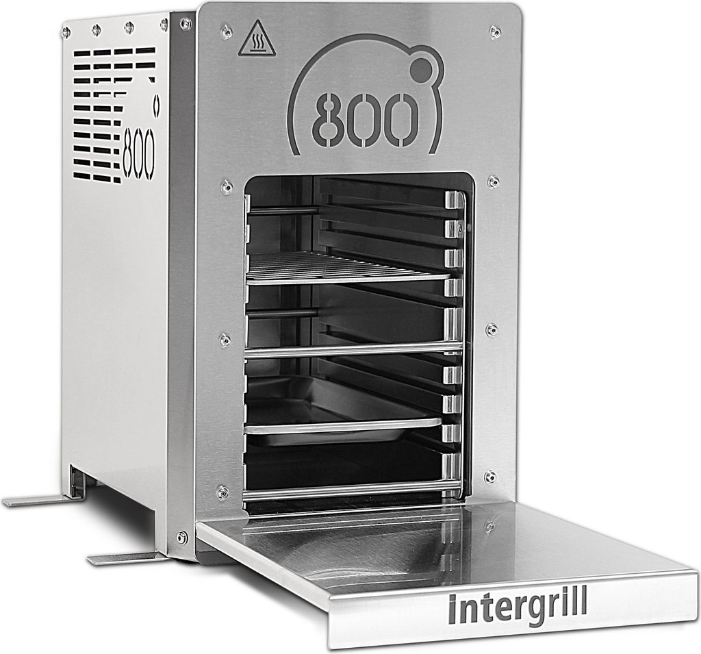 A stainless steel electric grill with its door open, revealing multiple racks and trays.