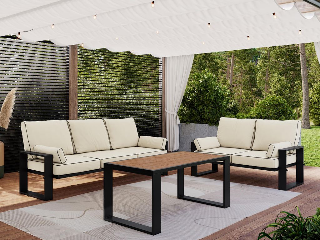 MKS MEBLE Gartenmöbel Set für Terrasse, mit Tisch für 5 Personen, auf Metallbeinen, Gartenlounge mit Sofa, Gartensofas - ELBA 2 - beige