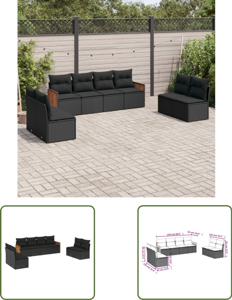 The Living Store 8-tlg. Garten-Sofagarnitur mit Kissen Schwarz Poly Rattan