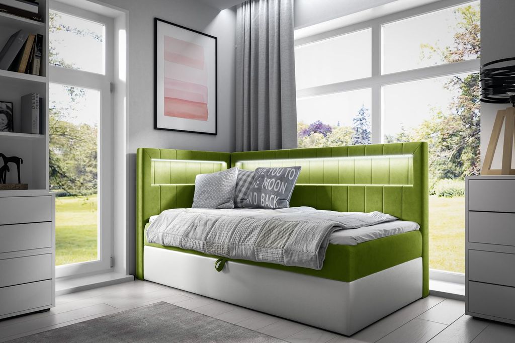 Einzelbett 100x200 KISHA 3 – grün/weiß, links zu öffnen + GRATIS Matratzenauflage