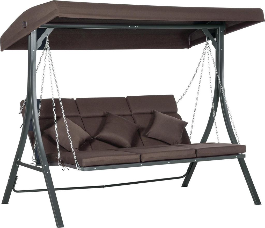 Hollywoodschaukel 3-Sitzer, Schaukelbank Mit Verstellbarem Sonnendach, Mit Kissen, Bis 270 Kg Belastbar, Metall, Texteline, Braun