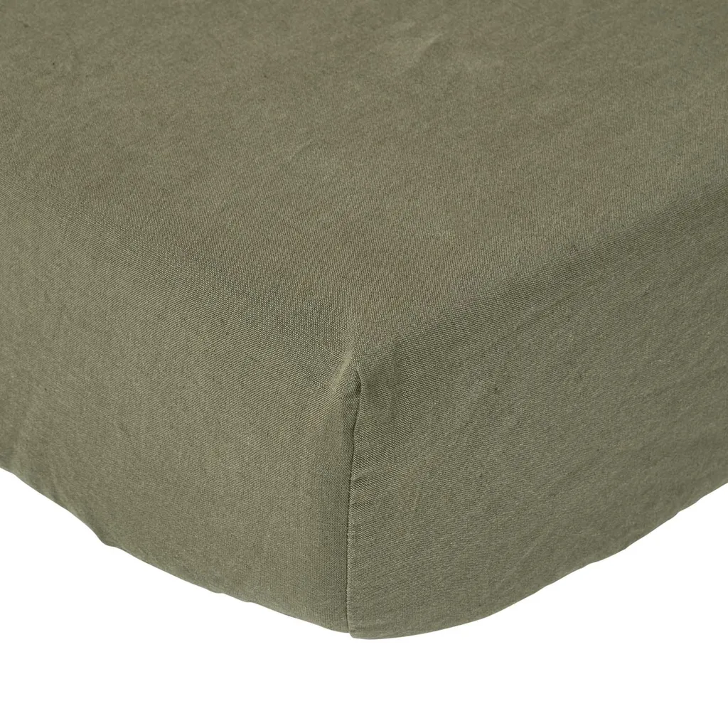 Drap-housse 137 x 191 cm en lin Vert olive respirant et thermique