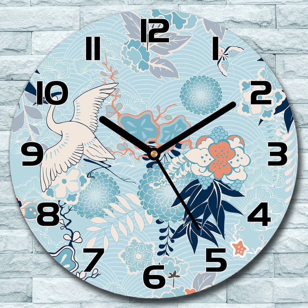 Wanduhr aus Glas Rund fi 30 Vogelkräne & Blumen Quarz Deko Produktbild 