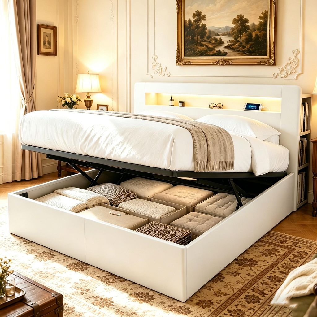 MODFU Doppelbett 180 x 200 mit Matratze,Hydraulisches Stauraumbett,Jugendbett mit LED-Kopfteil,Steckdosen,Staufächern,Weiß
