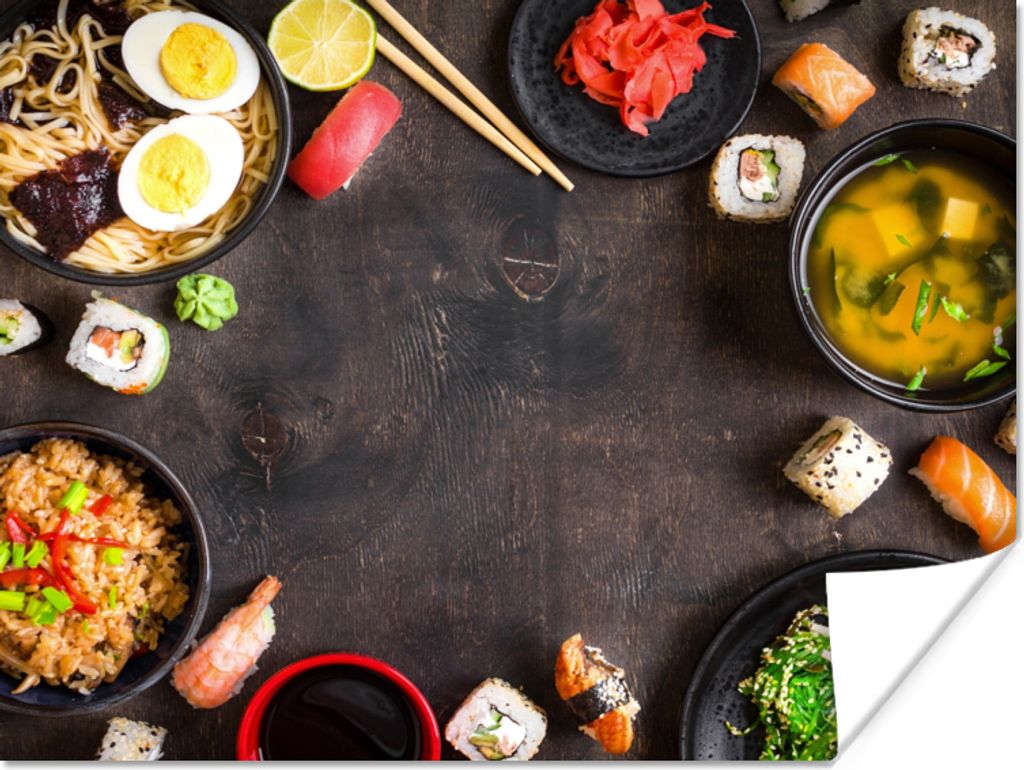 MuchoWow Poster Sushi - Essstäbchen - Kräuter - Gewürze 160x120 cm - Foto Plakat