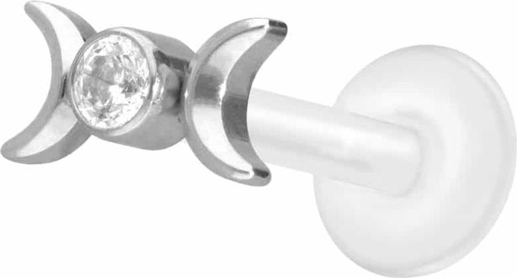 Ohrpiercing, Nasenpiercing PTFE Labret mit Innengewinde + Titan-Aufsatz 2 MONDE + KRISTALL Silber Stablänge: 8mm | Stabstärke: 1,2mm