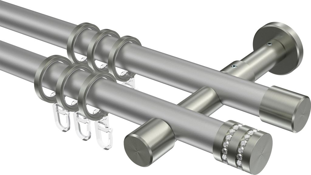 Interdeco Gardinenstange / Vorhangstange Silbergrau / Edelstahl-Optik, Typ Prestige Estana (Glitzerkappe), 20 mm Ø 2-läufig, 520 cm