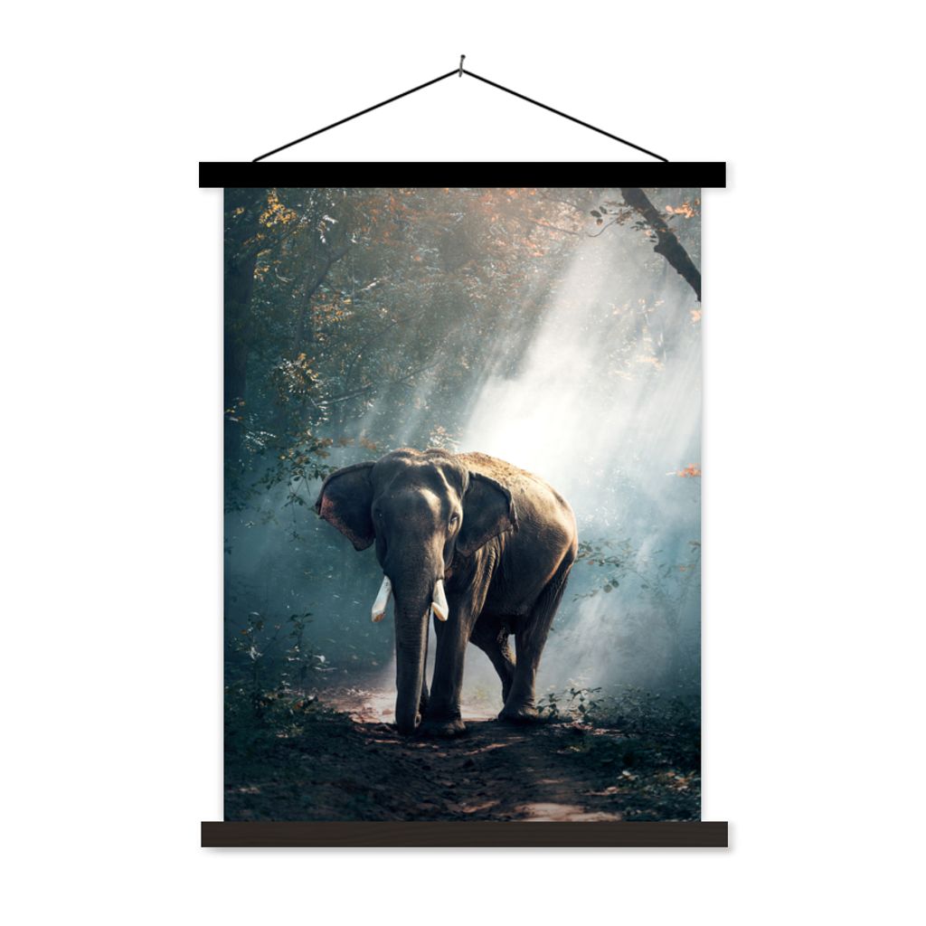 MuchoWow Textilposter Elefant - Tiere - Licht - Wald - Natur - Wildtiere 120x160 cm mit schwarzem Rahmen - Magnetischer