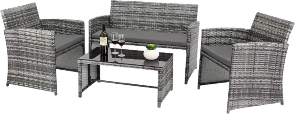 Salon de jardin gris avec coussins confort 5cm et table en verre trempé
