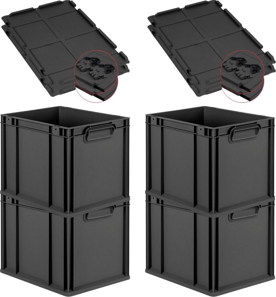 SuperSparSet 4x Eurobox NextGen Grip mit Scharnierdeckel und schwarzen Schiebeschnappverschlüssen | HxBxT 32x30x40cm | 30 Liter | Schwarz | Griffe...