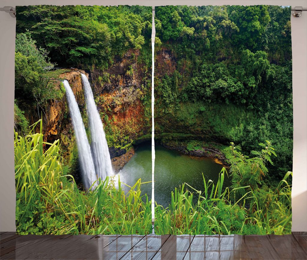 ABAKUHAUS Landschaft Rustikaler Vorhang, Twin Wasserfälle Hawai, Wohnzimmer Universalband Gardinen mit Schlaufen und Haken, 280 x 245 cm, Grün
