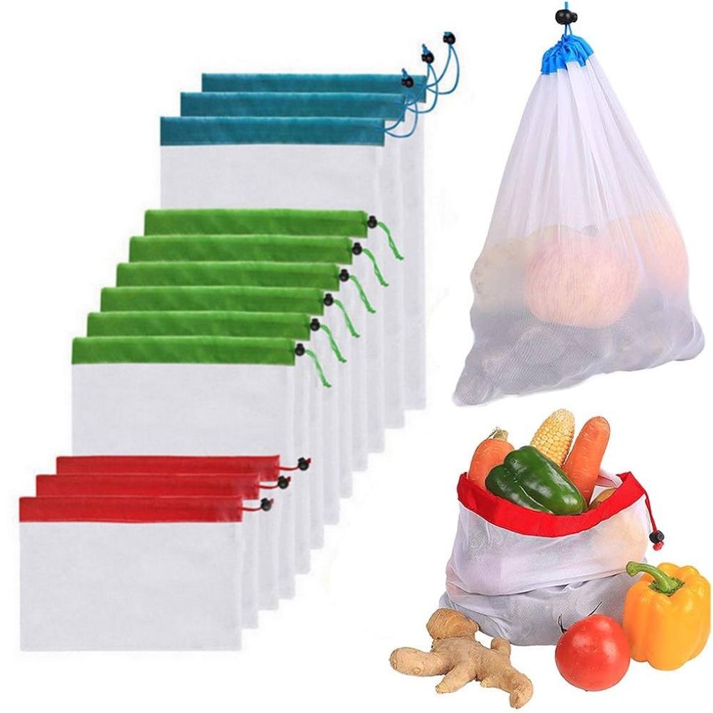 12 Stück Gemüsebeutel-Set mit Kordelzug - Waschbare - Produktbild 