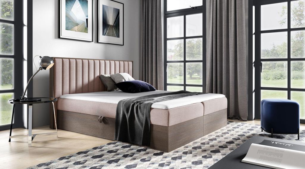 Kontinentales Bett 140x200 CHANTELLE 4 - dunkle Eiche / Rosa + GRATIS Matratzenauflage