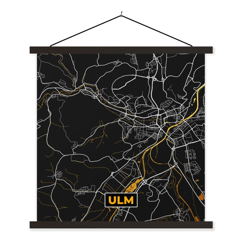 MuchoWow Textilposter Ulm - Gold - Stadtplan - Karte - Deutschland 60x60 cm mit schwarzem Rahmen - Posteraufhänger