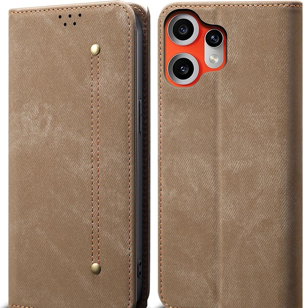 Hülle für Nothing CMF Phone 2 Pro Leder Brieftasche Flip Bookstyle Schutzhülle mit Standfunktion Khaki