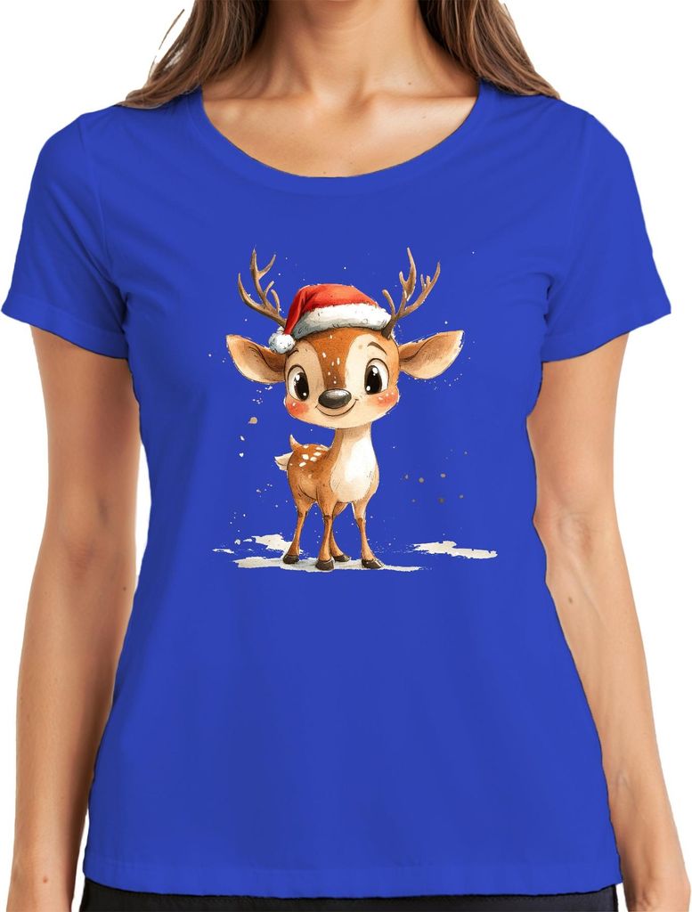 Weihnachtsrentier Aquarell Süß Santa Hut Geschenk Kinder Niedlich Damen T-Shirt, Blau, S