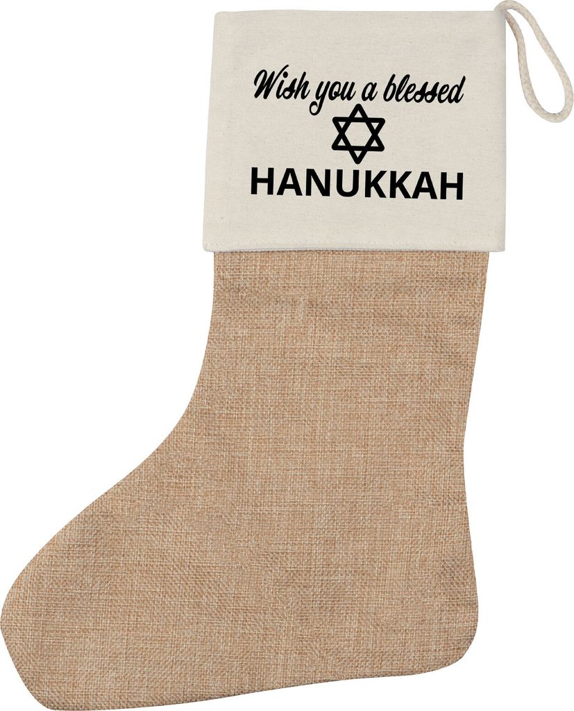 Huuraa Weihnachtsstrumpf Wish blessed Hanukka Schriftzug Beige Jute Kaminstrumpf Geschenkidee