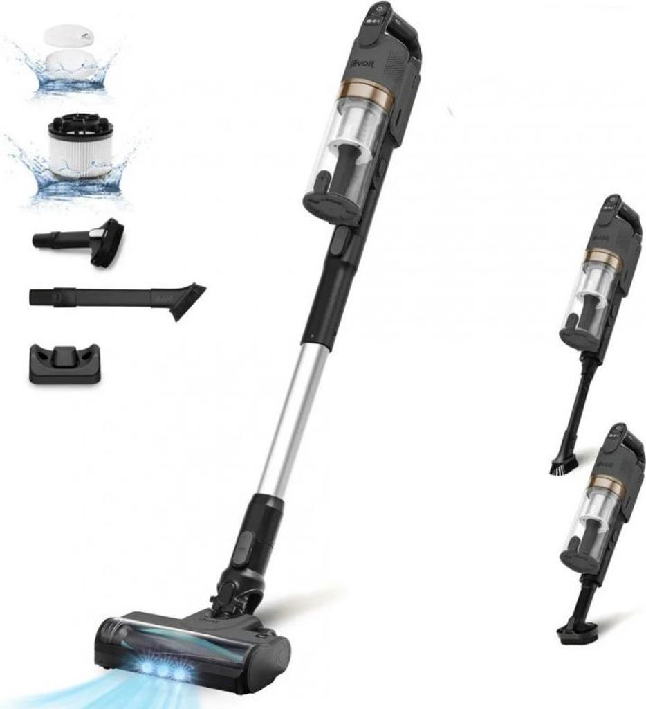 A cordless vacuum cleaner with various attachments displayed on a white background.