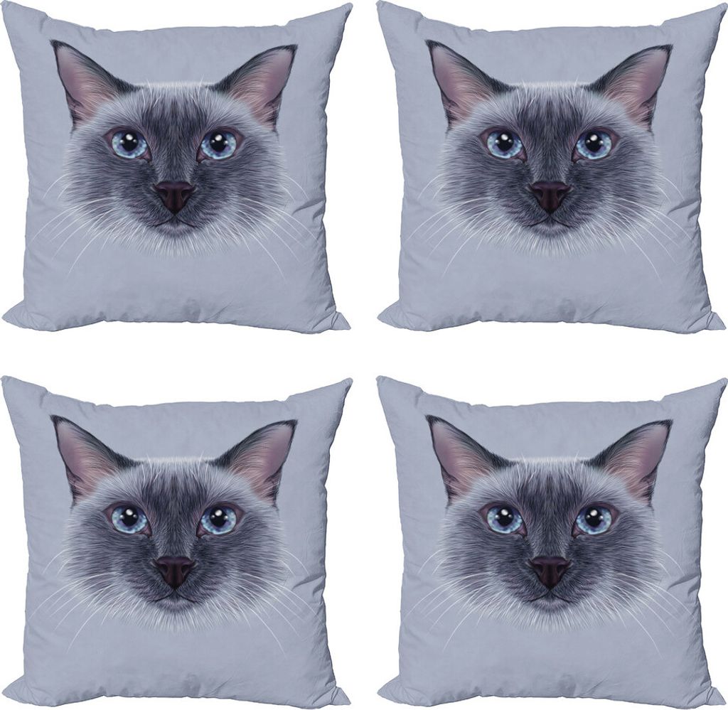 ABAKUHAUS Tier Kissenbezug Set (4 Stück), Siamesische Katze Portrait, Moderner Doppelseitiger Digitaldruck, 45 cm x 45 cm, Weiß Himmel-Blau und Grau