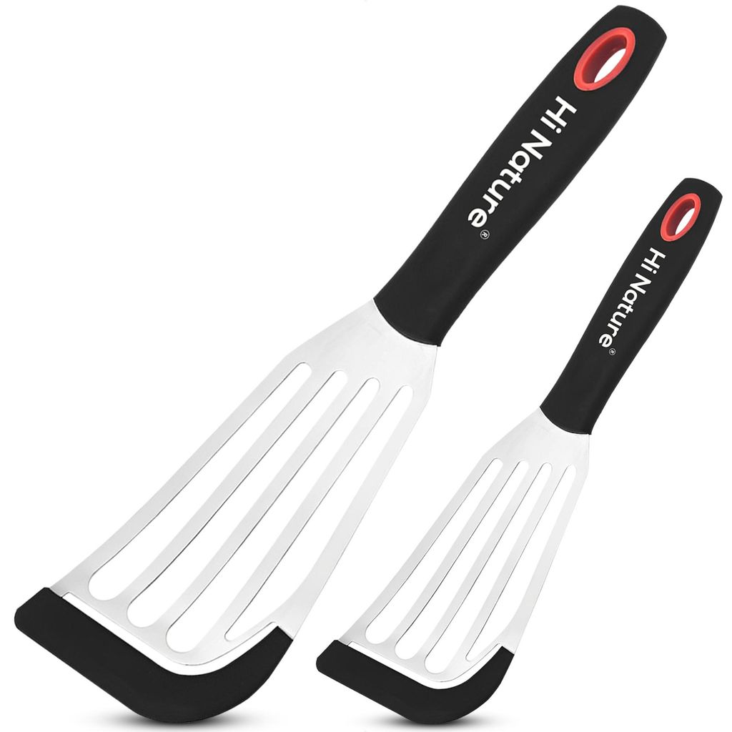 HI NATURE Edelstahl Spatel Set - 2-teilig Grillspachtel Edelstahl mit Silikonrand - Hitzebeständig & Spülmaschinenfest - Fischwender - Pfannen...