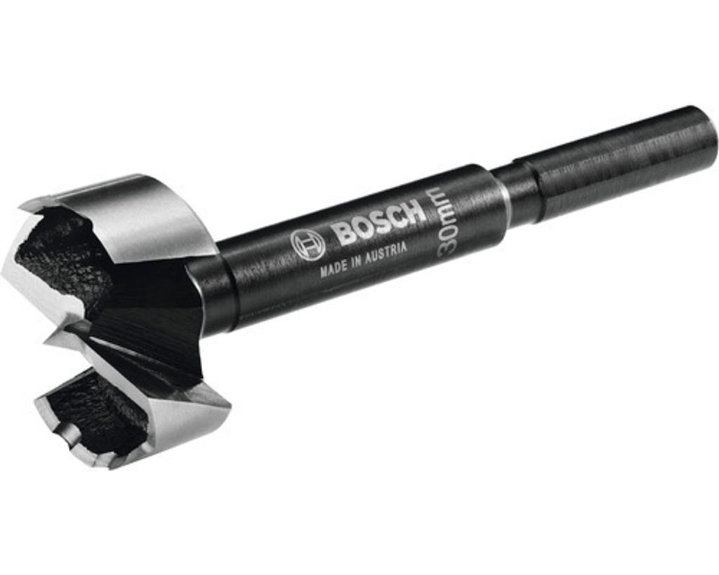 A Bosch Forstner drill bit is shown against a white background.