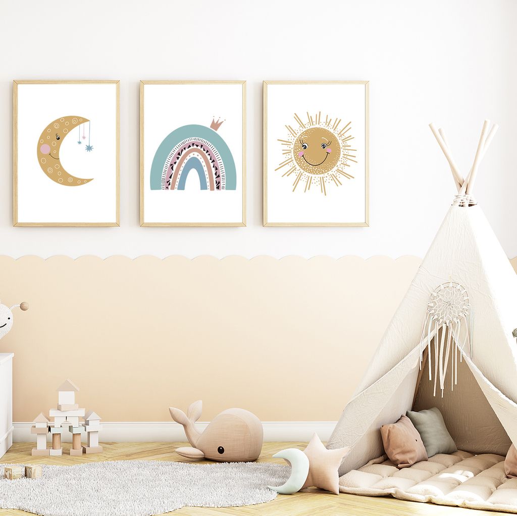 Mond Regenbogen Sonne 3er Set Kinderzimmer Bilder DIN A4 Poster Babyzimmer Wandbilder Dekoration