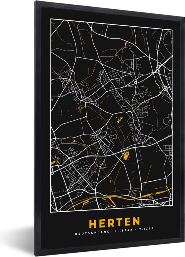 MuchoWow Gerahmtes Poster Schwarz und Gold - Stadtplan - Rotwild - Deutschland - Karte 60x90 cm - Poster mit Schwarzem Bilderrahmen Wandposter Ra...
