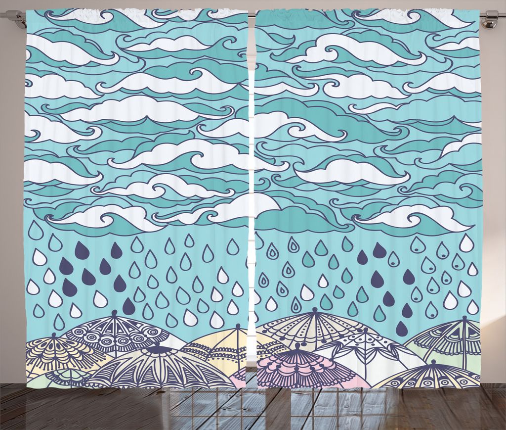 ABAKUHAUS Blau Rustikaler Vorhang, Regen und Regenschirme Herbst, Wohnzimmer Universalband Gardinen mit Schlaufen und Haken, 280 x 175 cm, Blau Lila