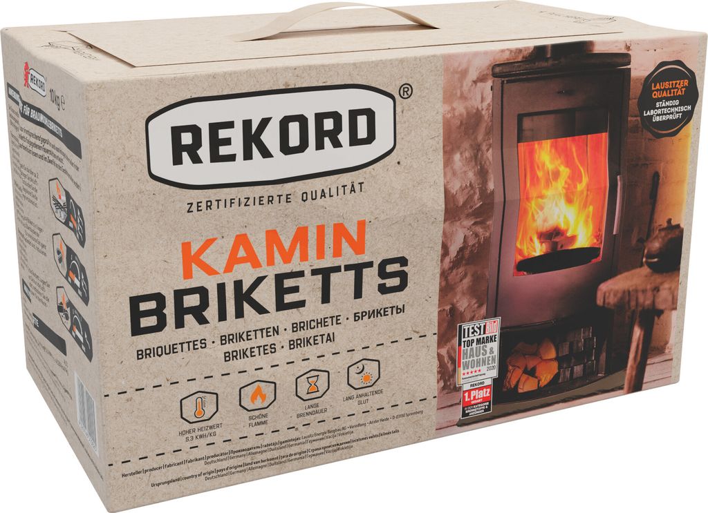 A cardboard box of Rekord Kamin Briketts with an image of a fireplace on the side.