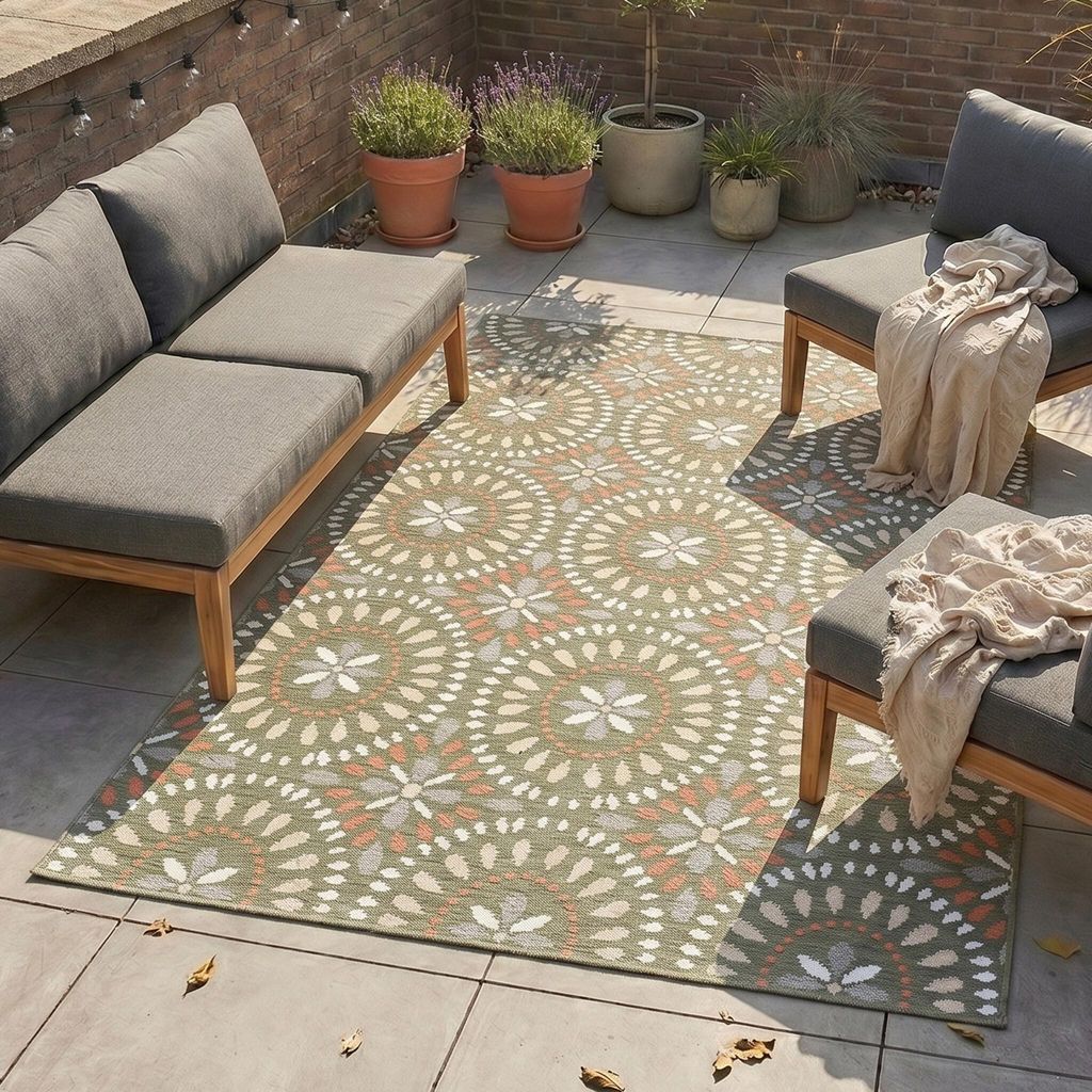 Volero - Outdoor Teppich - Ranch Mandala Grün - 120x170 cm - Wohnzimmer, Esszimmer, Balkon, Garten, Terrasse - Boho, Retro