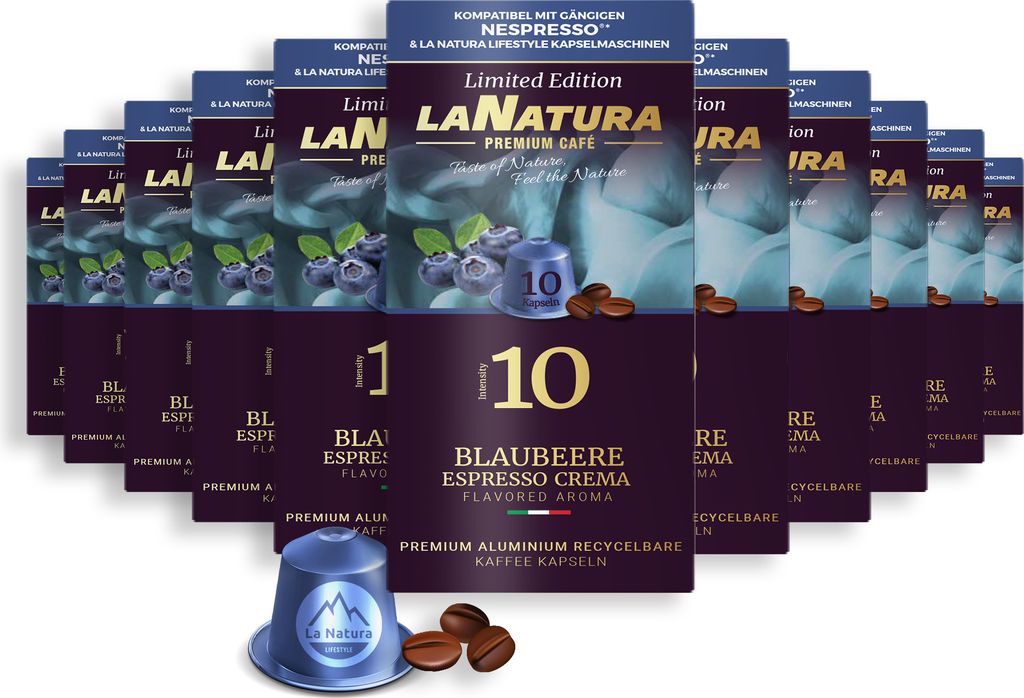 Blaubeere Espresso Crema Premium Kaffee - 110 Kaffeekapseln | La Natura Lifestyle Organic 616g| biobasiert | Nespresso *³ kompatible