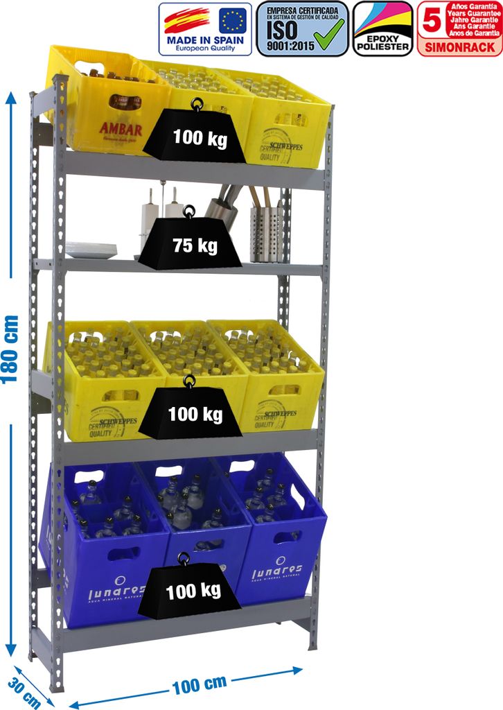 Simonrack Getränkekistenregal SIMONBOTTLE 8425437087806 grau 100,0 x 30,0 x 180,0 cm