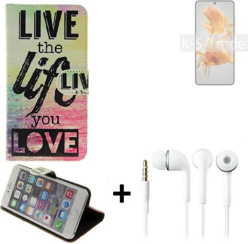 K-S-Trade Schutz Hülle kompatibel mit Huawei Mate 50E 360° Wallet Case ''live life love'' Tasche Handy Hülle Etui Smartphone Flip cover