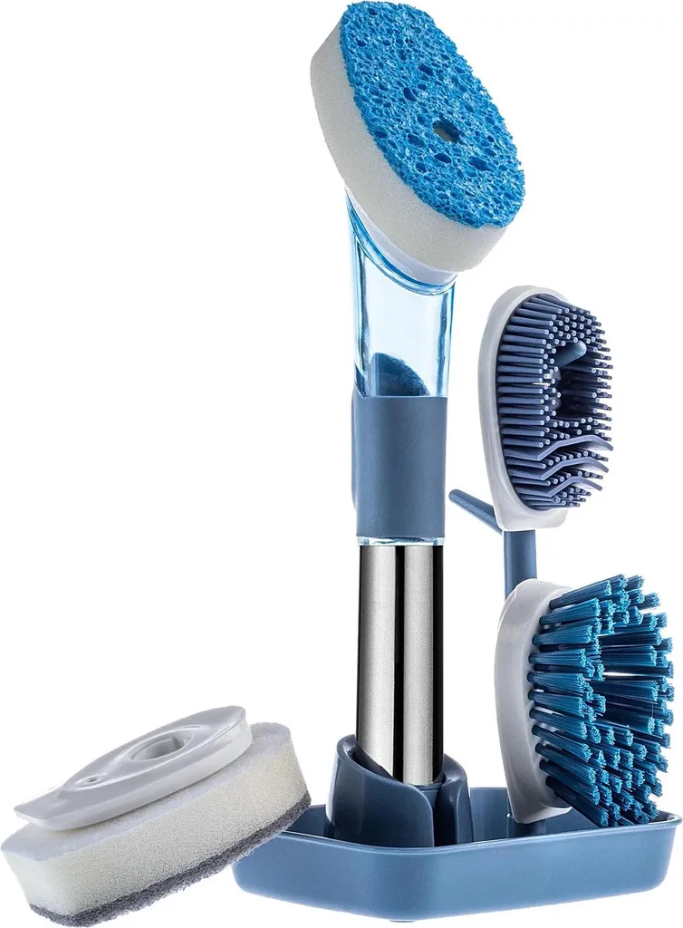 Kit vaisselle bleu avec manche distributeur et support de séchage 2-en-1